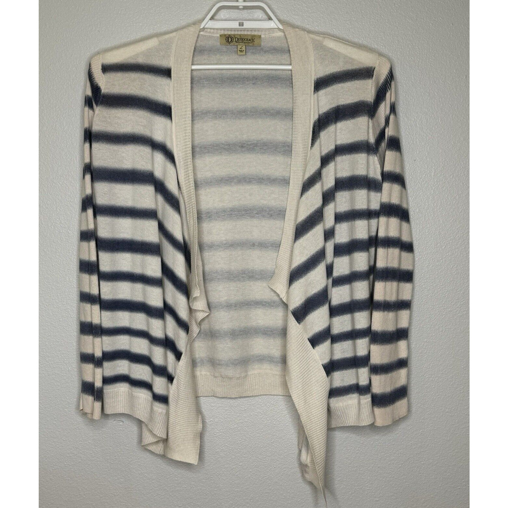 Democracy‎ Women's Sweater Cardigan Size Large Blue Stripe Waterfall Open Front